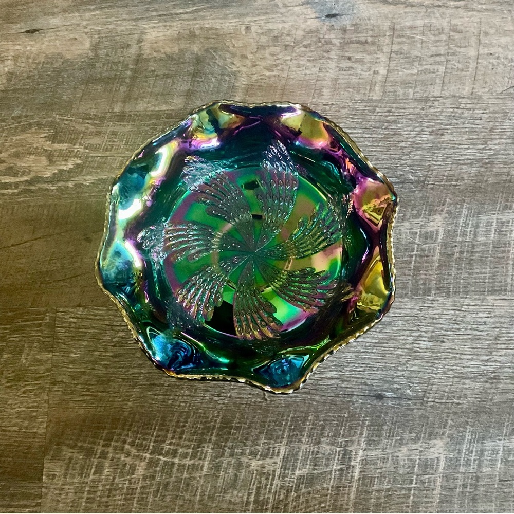 Fenton Art Glass Carnival Butterfly & Berry Fantail Footed Bowl Marked Fenton